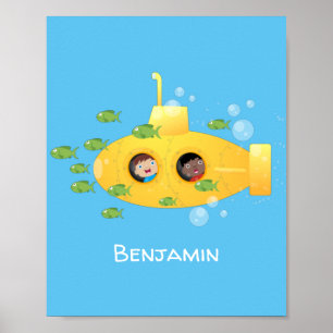 Poster Caricature de poisson sous-marin jaune mignon