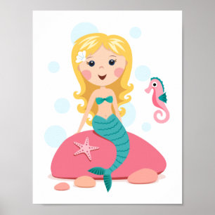 Poster Caricature de sirène blonde fille avec hippocampe 