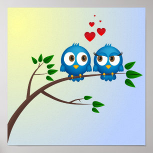 Poster Caricature des oiseaux bleus mignons en amour