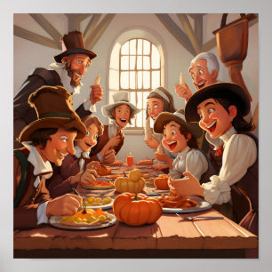 Poster Caricature des pèlerins autour de la table Thanksg