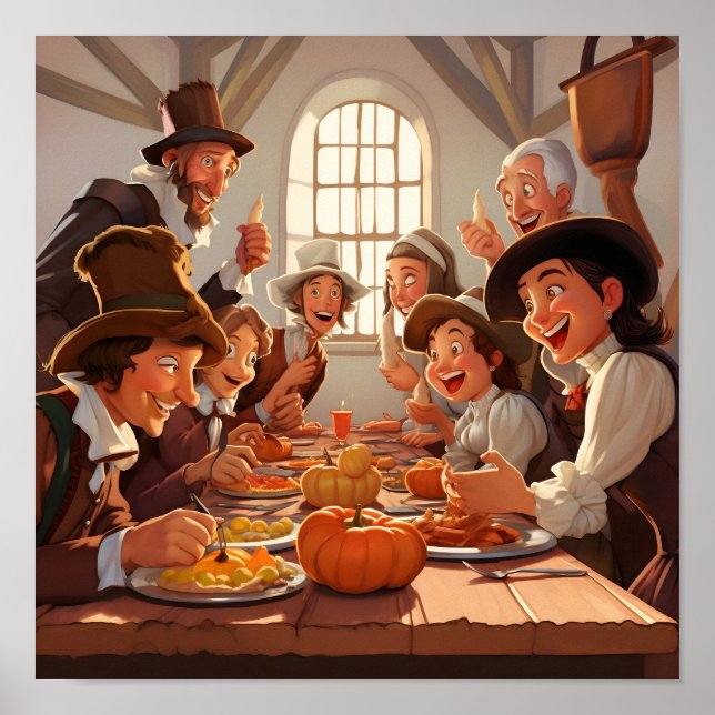Poster Caricature des pèlerins autour de la table Thanksg (Devant)