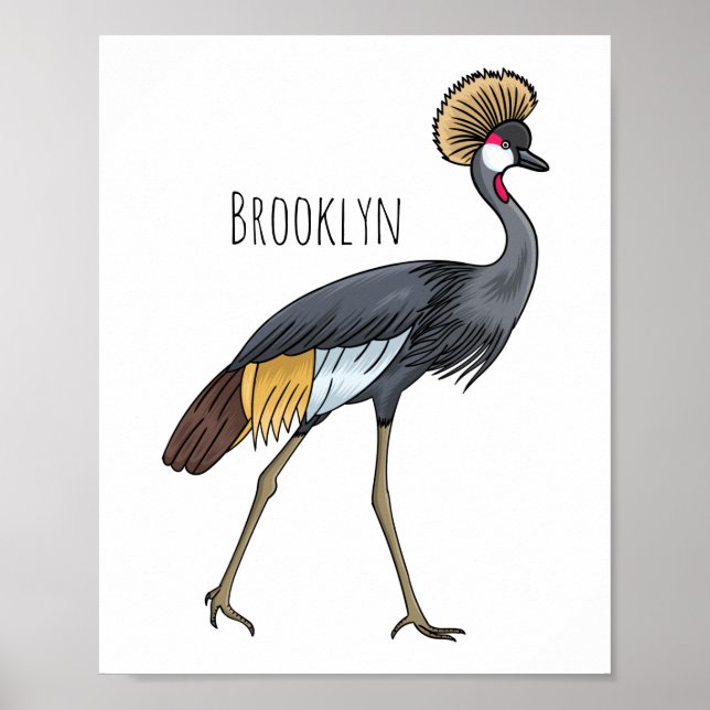 Poster Caricature d'oiseau de grue couronné gris (Devant)