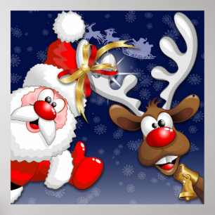 Poster Caricature joyeuse de Père Noël et Reindeer