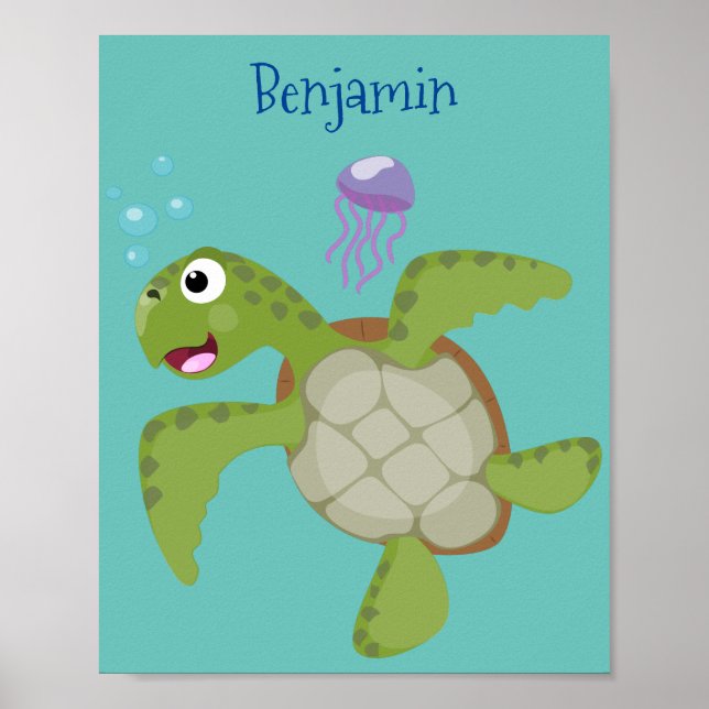 Poster Caricature joyeuse de tortue de mer verte mignonne (Devant)