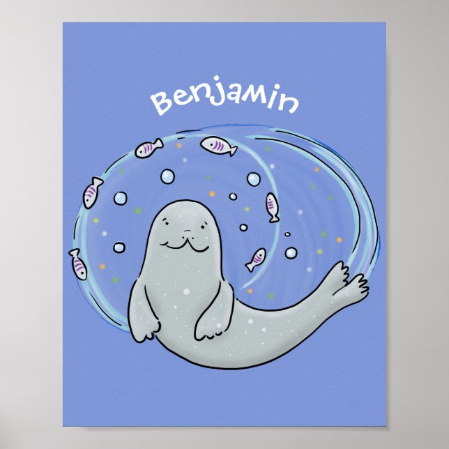Poster Caricature joyeux de phoque et de poisson bleu (Devant)