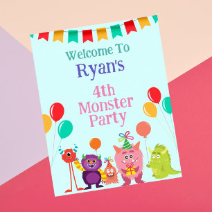 Poster Caricature monstre mignon de lille fête d'annivers