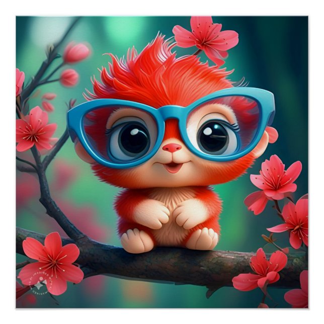 Poster Caricature Panda Rose Sur La Branche (Devant)