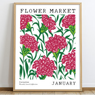 Poster Carnation rose Florale Janvier Marché aux fleurs d
