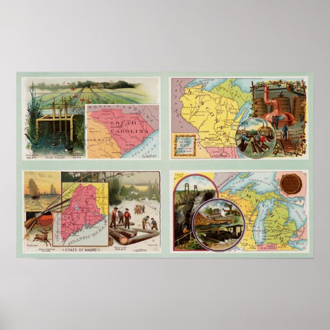 Poster Caroline du Sud, Wisconsin, Maine, Michigan (Devant)