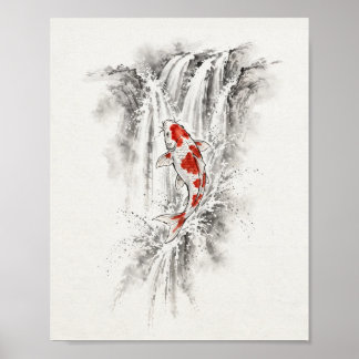 Poster Carpeaux de Koï sautant une Cascade à l'Encre