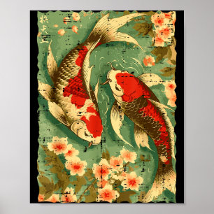 Poster Carpes Koï Japonaises Fleurs de Cerisier Sakura Ar