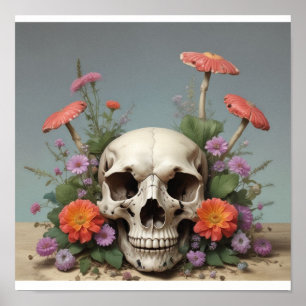 Poster carré - Crâne avec champignons et fleurs