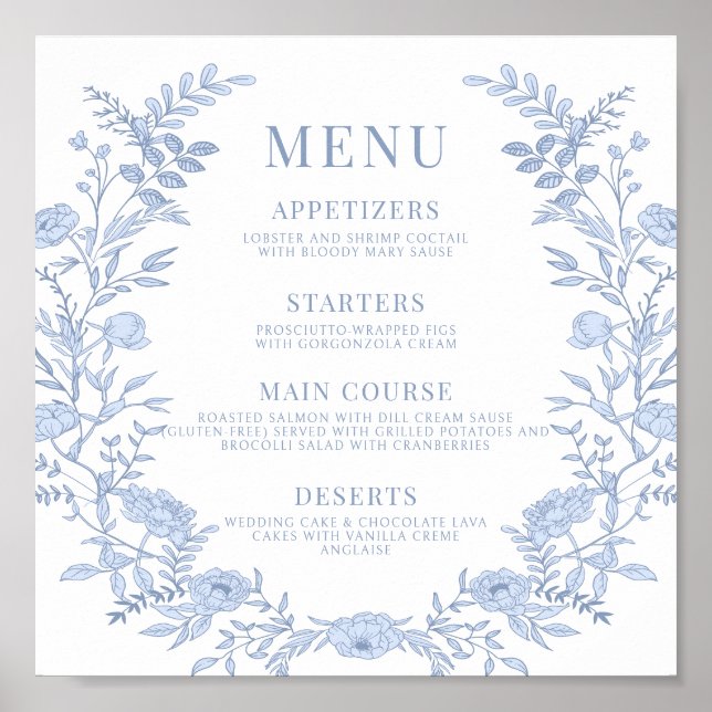 Poster Carré du menu Mariage Floral Bleu (Devant)
