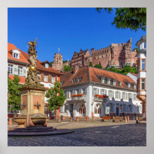 Poster carré Kornmarkt et château d'Heidelberg, Allemagne