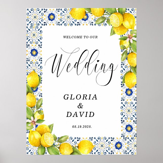 Poster Carreaux bleu citron Mariage de bienvenue (Devant)
