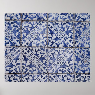 Poster Carreaux Portugais - Azulejo Floral Bleu et Blanc