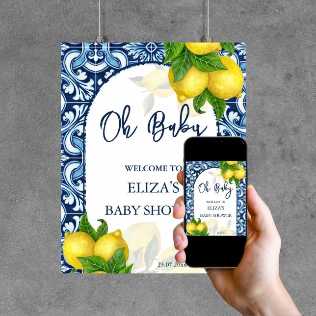 Poster Carrelage bleu citron Amalfi baby shower panneau d (Blue tiles lemon Amalfi baby shower welcome sign template digital download personalized decor)