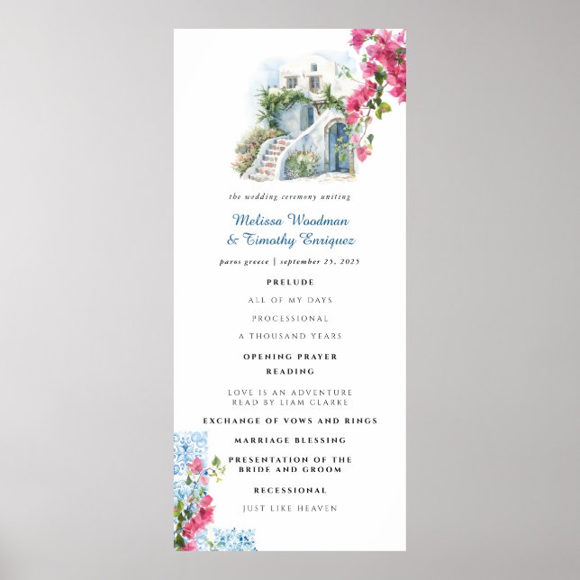 Poster Carrelage bleu floral | Programme de mariage de Gr (Devant)