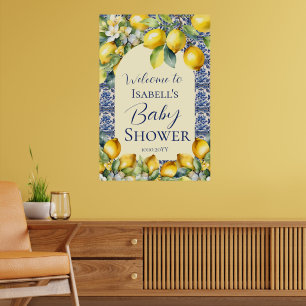 Poster Carrelage bleu italien aquarelle bébé citron bienv