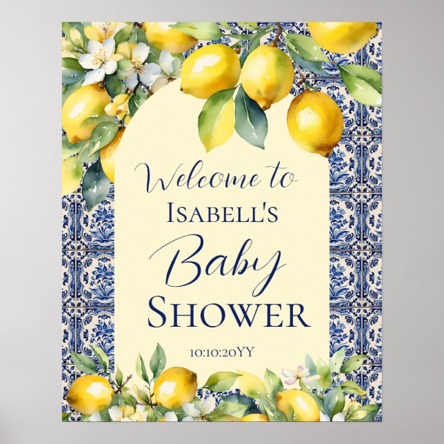 Poster Carrelage bleu italien aquarelle citron bébé accue (Devant)