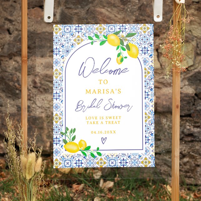 Poster Carrelage bleu italien aquarelle citron nuptiale a (Créateur téléchargé)