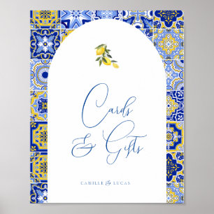 Poster Carrelage bleu méditerranéen et agrumes Cartes et