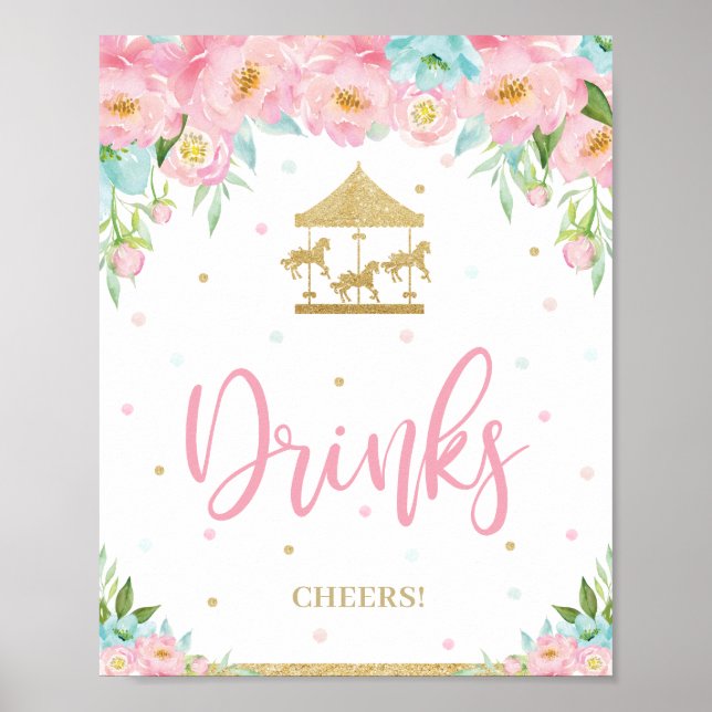 Poster Carrousel Floral de Monnaie Rose Boissons de douch (Devant)
