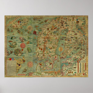 Poster Carta Marina Carte de Scandinavie par Olaus Magnus