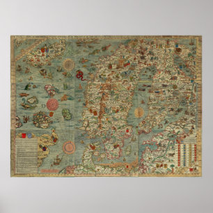 Poster Carta Marina Carte de Scandinavie par Olaus Magnus