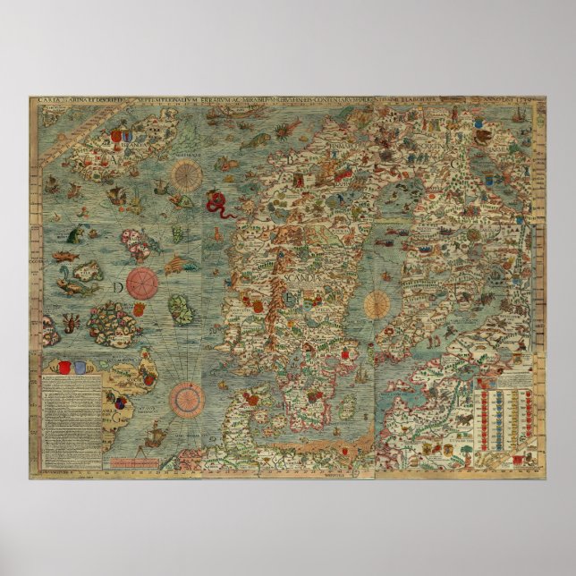 Poster Carta Marina Carte de Scandinavie par Olaus Magnus (Devant)