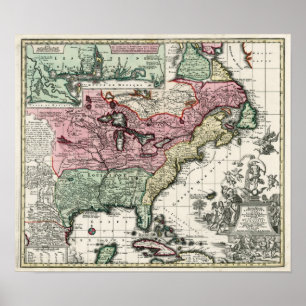 Poster Carte 1720 des colonies de l'Amérique du Nord