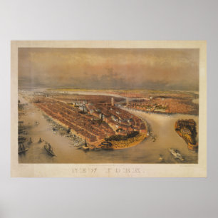 Poster Carte 1847 de vue d'oeil d'oiseau de New York City