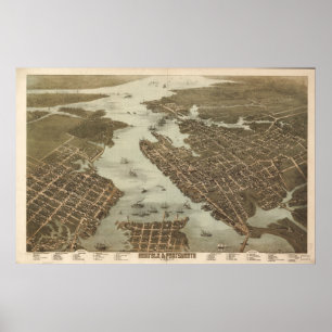 Poster Carte 1873 panoramique de Norfolk-Portsmouth VA
