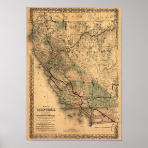 Poster Carte 1876 de la Californie de cru
