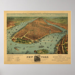 Poster Carte 1879 panoramique de vue d'oeil d'oiseaux de