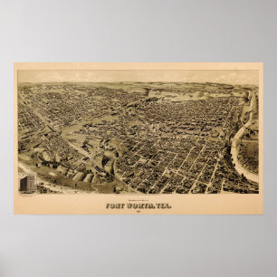 Poster Carte 1891 vue d'oeil d'oiseaux de Fort Worth, le
