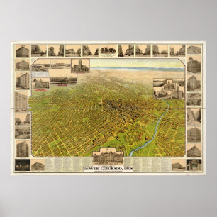 Poster Carte 1908 panoramique de vue d'oeil d'oiseaux de