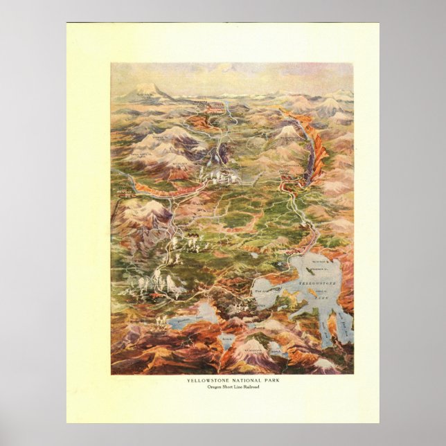Poster Carte aérienne 1910 - Parc national de Yellowstone (Devant)
