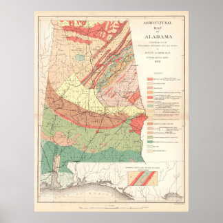Poster Carte agricole vintage de l'Alabama (1882)