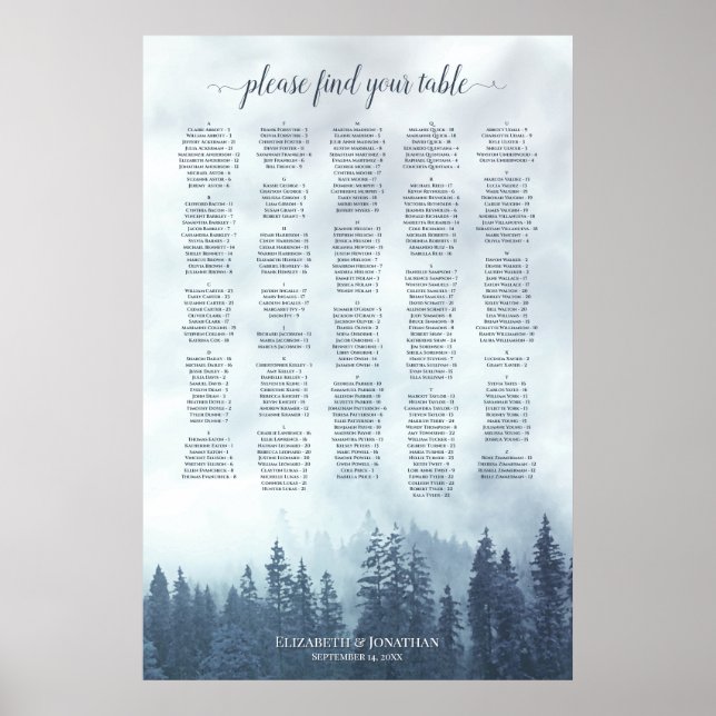 Poster Carte alphabétique de la forêt de pin bleu foncé (Devant)