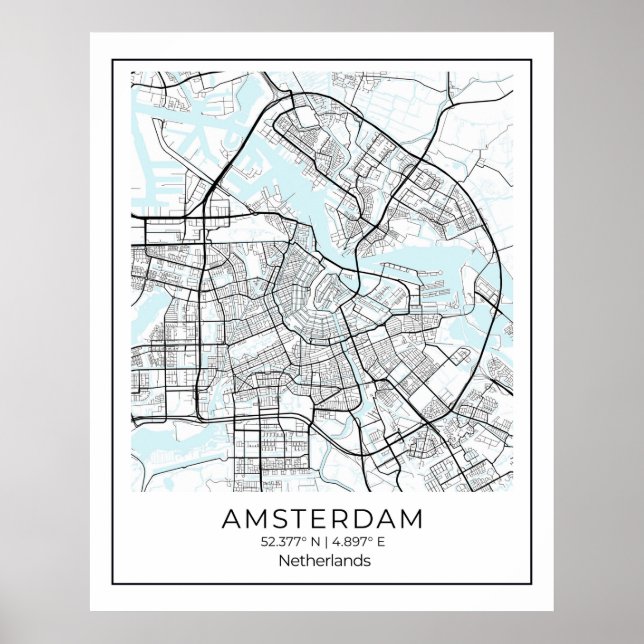 Poster Carte Amsterdam Imprimer - Amsterdam Carte Noir &  (Devant)