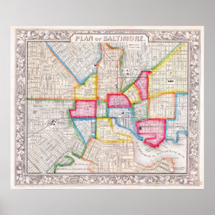 Poster Carte ancienne de Baltimore, 1860