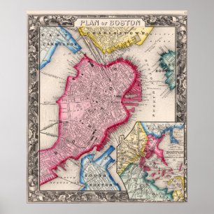 Poster Carte ancienne de la ville de Boston 1860