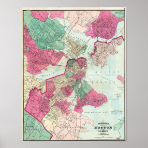 Poster Carte ancienne de la ville de Boston 1870