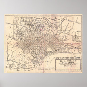 Poster Carte ancienne de la ville de Santa Barbara Califo