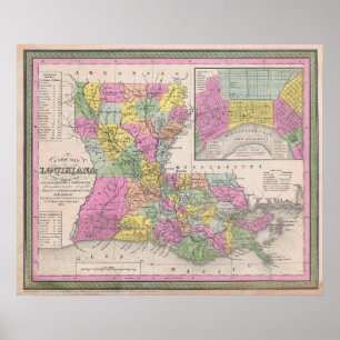 Poster Carte ancienne de Louisiane, 1853