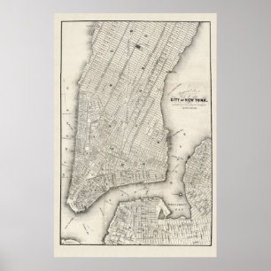Poster Carte ancienne de New York & Brooklyn, 1860