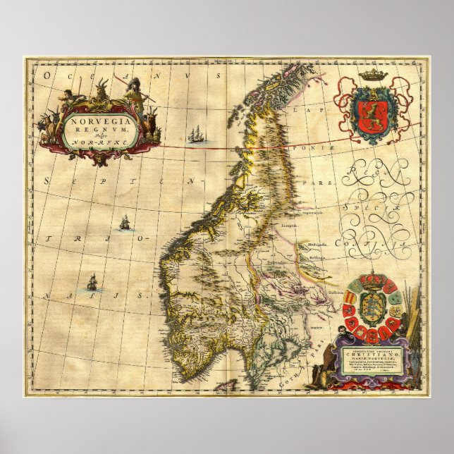 Poster Carte ancienne de Norvège (Devant)