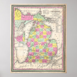 Poster Carte ancienne du Michigan, 1853