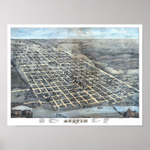 Poster Carte antique aérienne de la ville d'Austin, Texas